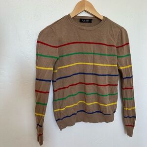 Ralph Lauren Women’s Small Petite Tan Sweater Striped Colorful fun fitted crew